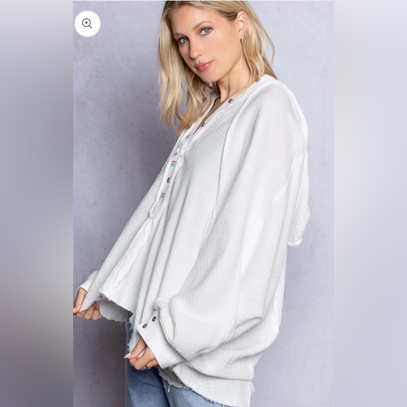 POL Those Girls Half Button Embroidered Gauze Hoodie Top - Picture 3 of 6